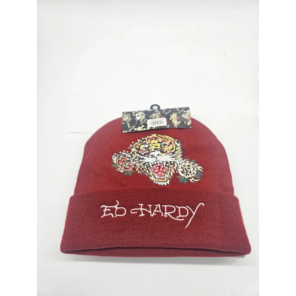 NWT Ed Hardy Screaming Tiger Beanies -‎ Pack Of 2 - Dark Red & Gray